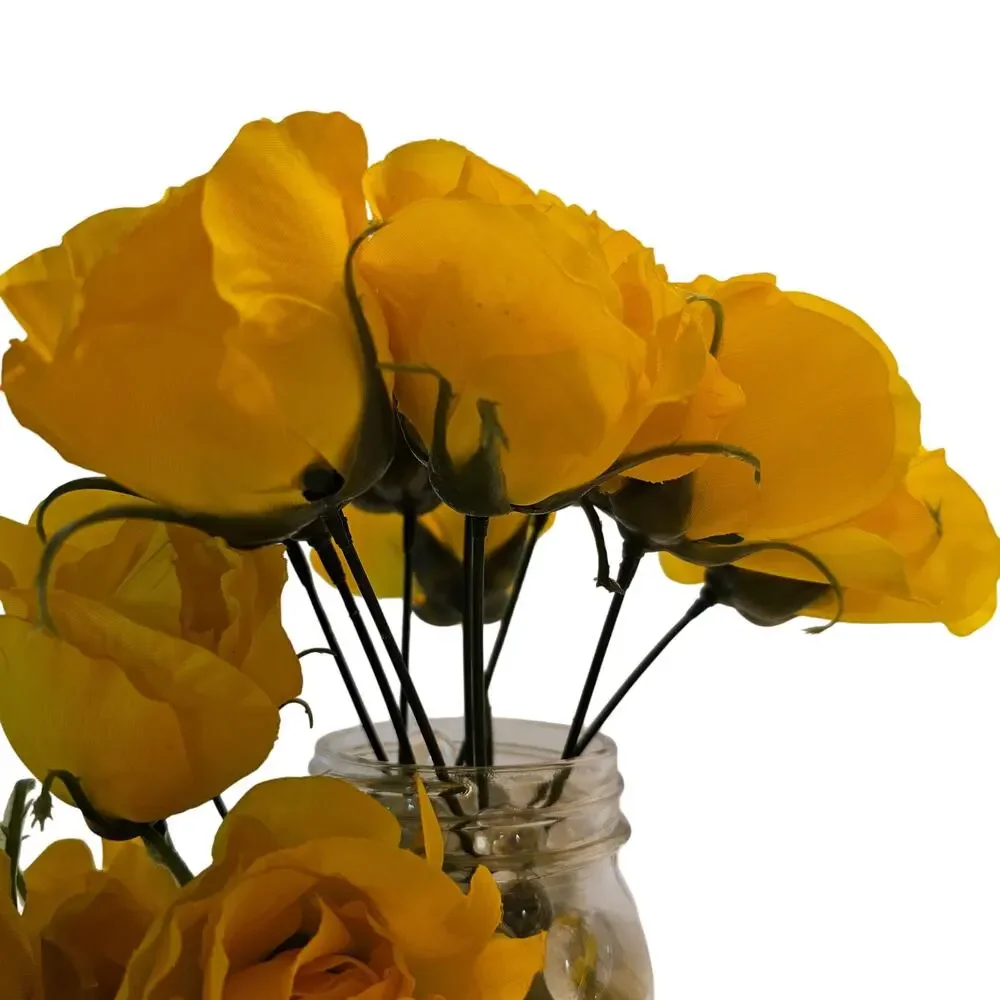 Yellow Artificial Silk Rose Buds Wired Stems Wedding Craft 2.5